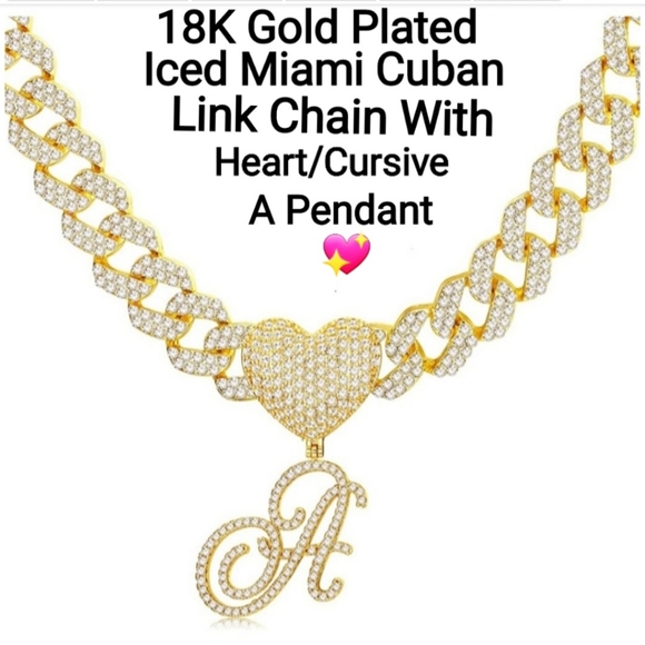 Jewelry - 18K Gold Plated Iced Miami Cuban Link Chain With Heart/Cursive A Pendant